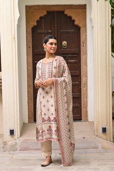 Beige and Maroon Small Buti with Panel Spread Gota Work Crepe Suit Set