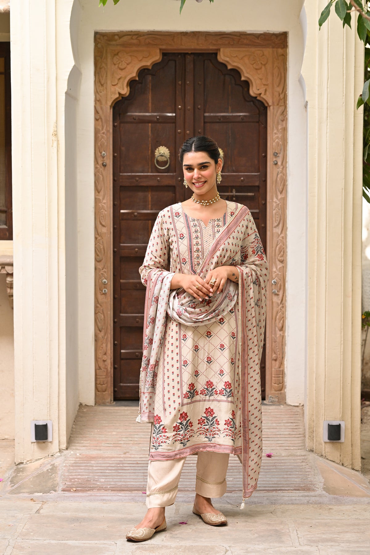 Beige and Maroon Small Buti with Panel Spread Gota Work Crepe Suit Set