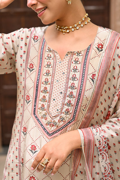 Beige and Maroon Small Buti with Panel Spread Gota Work Crepe Suit Set