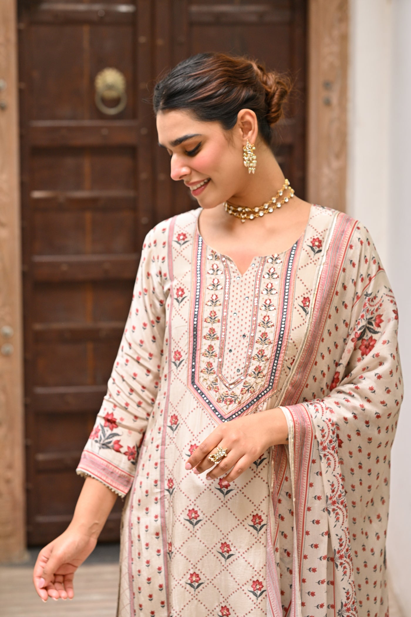 Beige and Maroon Small Buti with Panel Spread Gota Work Crepe Suit Set