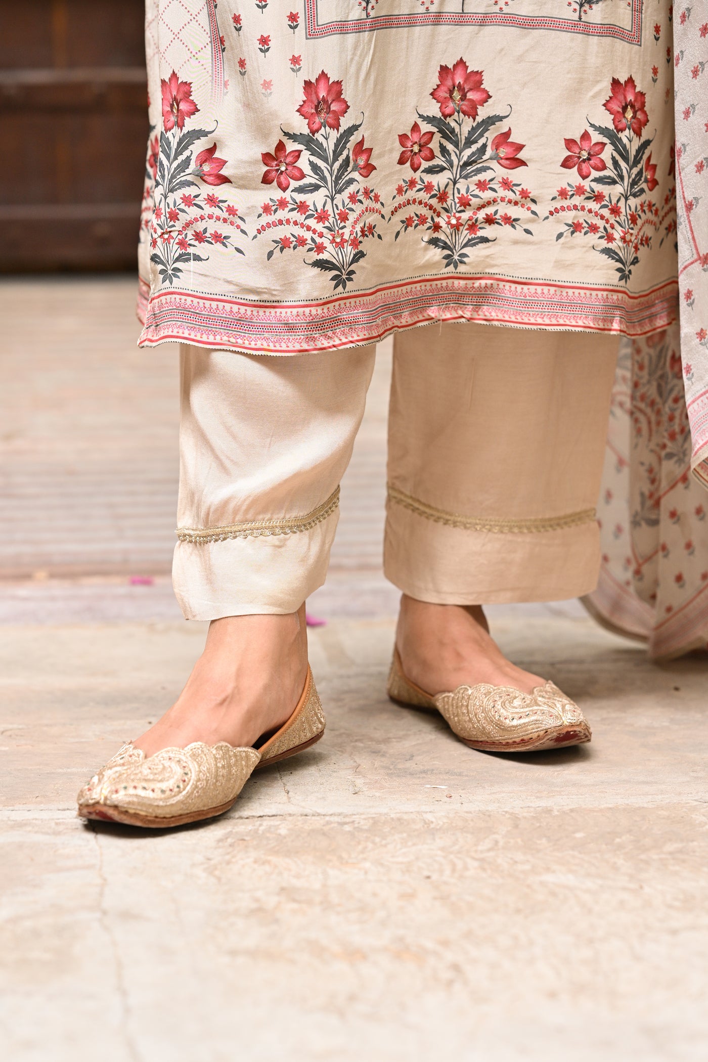 Beige and Maroon Small Buti with Panel Spread Gota Work Crepe Suit Set