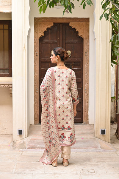 Beige and Maroon Small Buti with Panel Spread Gota Work Crepe Suit Set