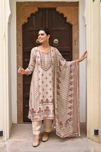 Beige and Maroon Small Buti with Panel Spread Gota Work Crepe Suit Set