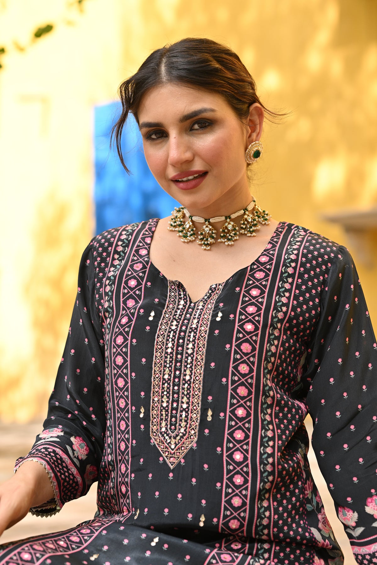 Black and Pink Small Buti with Panel Spread Gota Work Crepe Suit Set