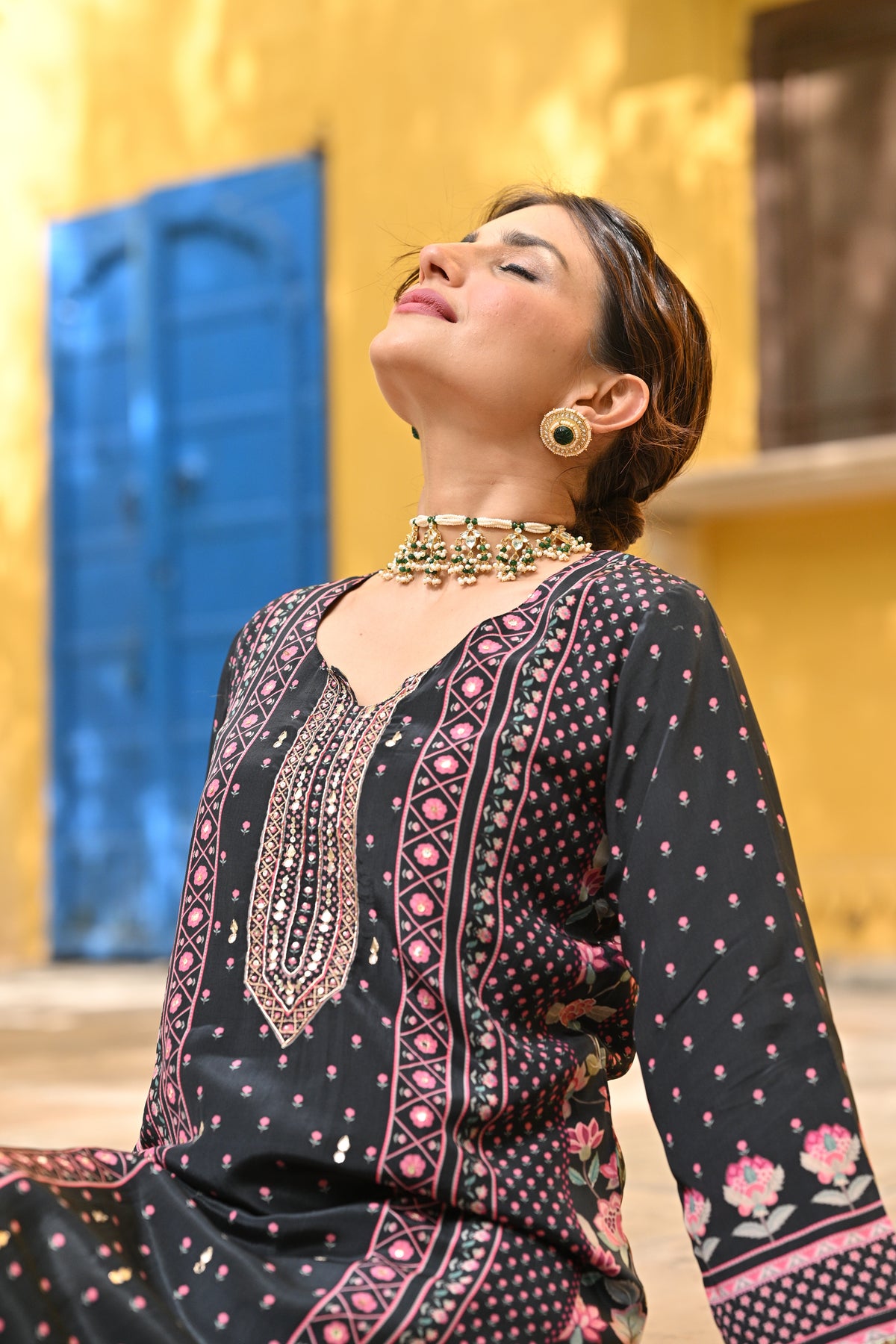 Black and Pink Small Buti with Panel Spread Gota Work Crepe Suit Set