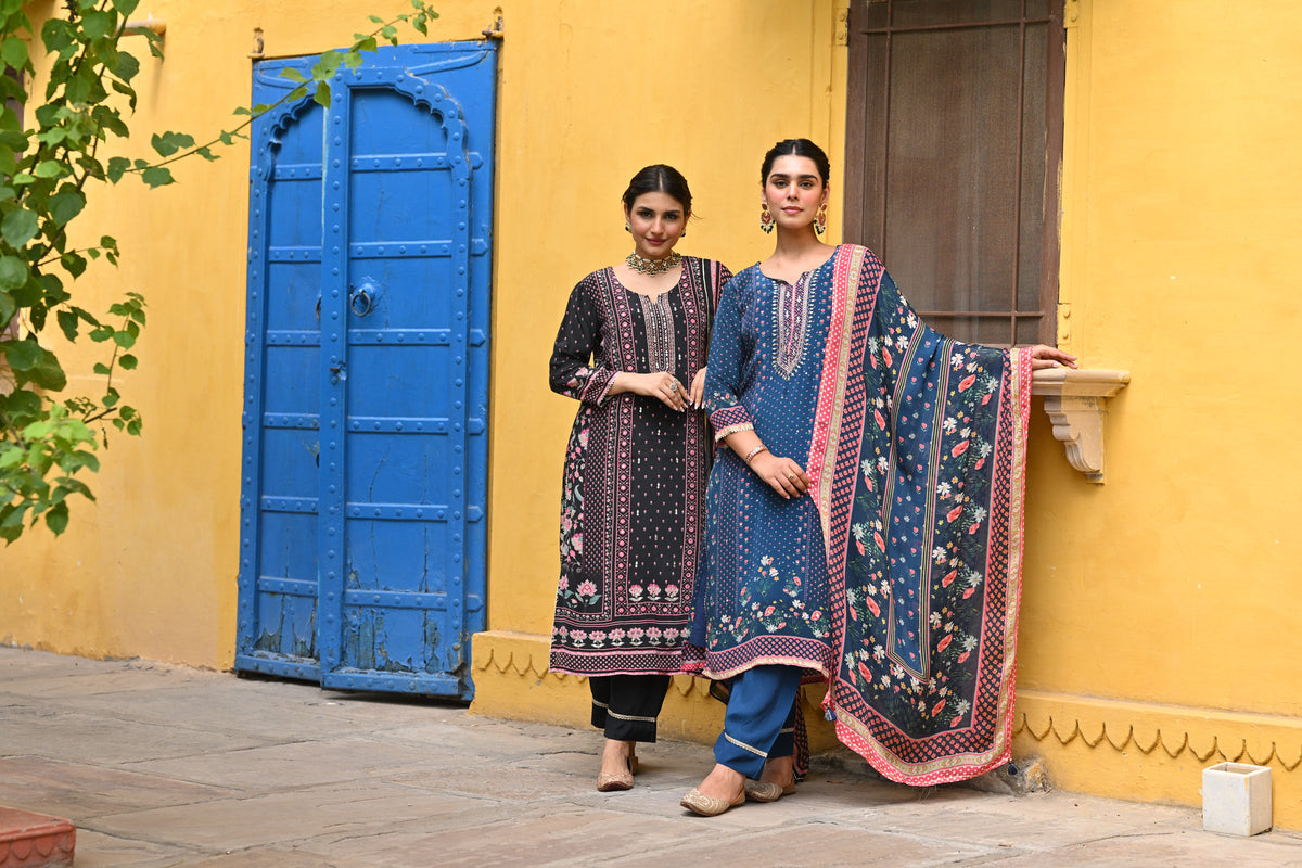 Blue and Pink Small Buti with Panel Spread Gota Work Crepe Suit Set