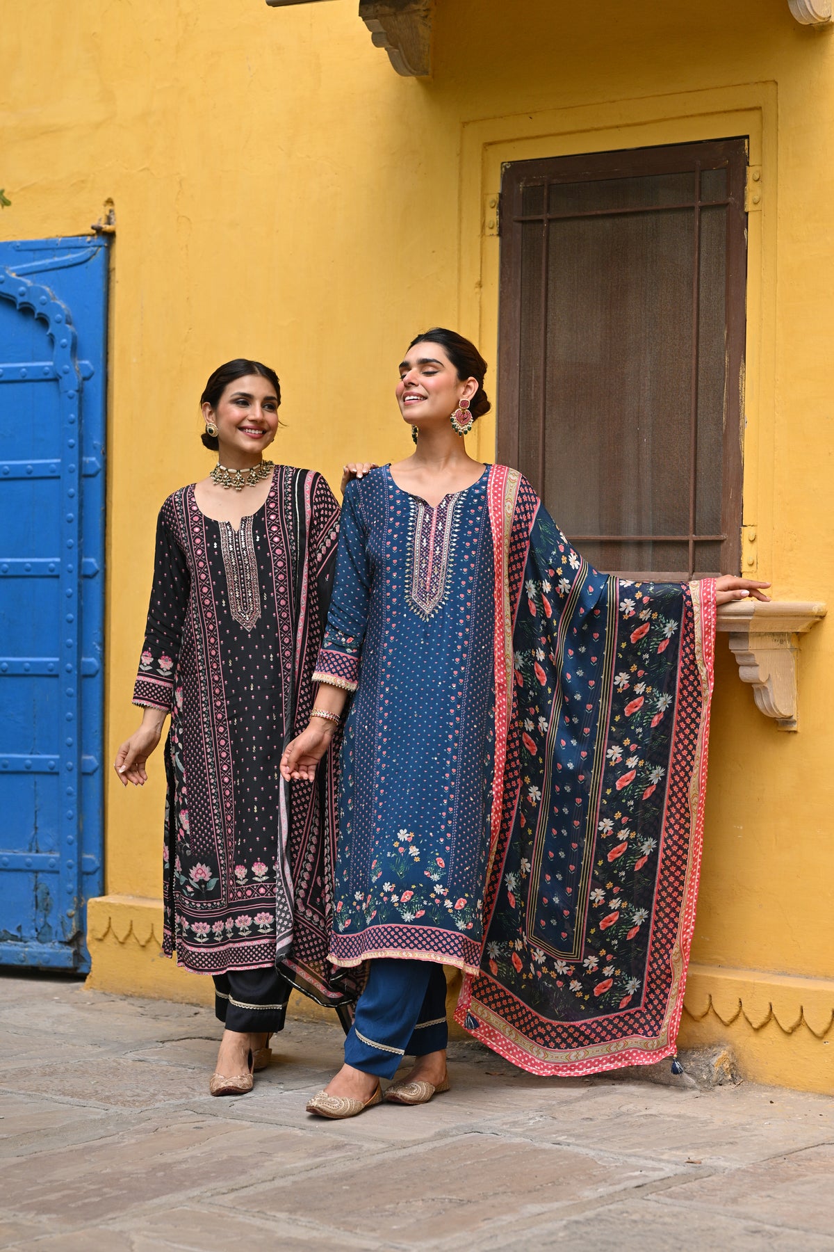 Blue and Pink Small Buti with Panel Spread Gota Work Crepe Suit Set