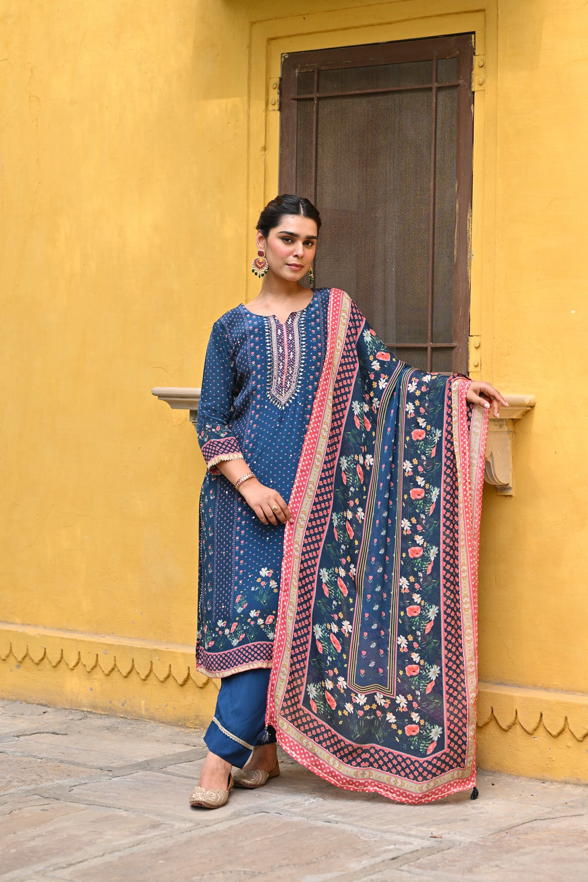 Blue and Pink Small Buti with Panel Spread Gota Work Crepe Suit Set