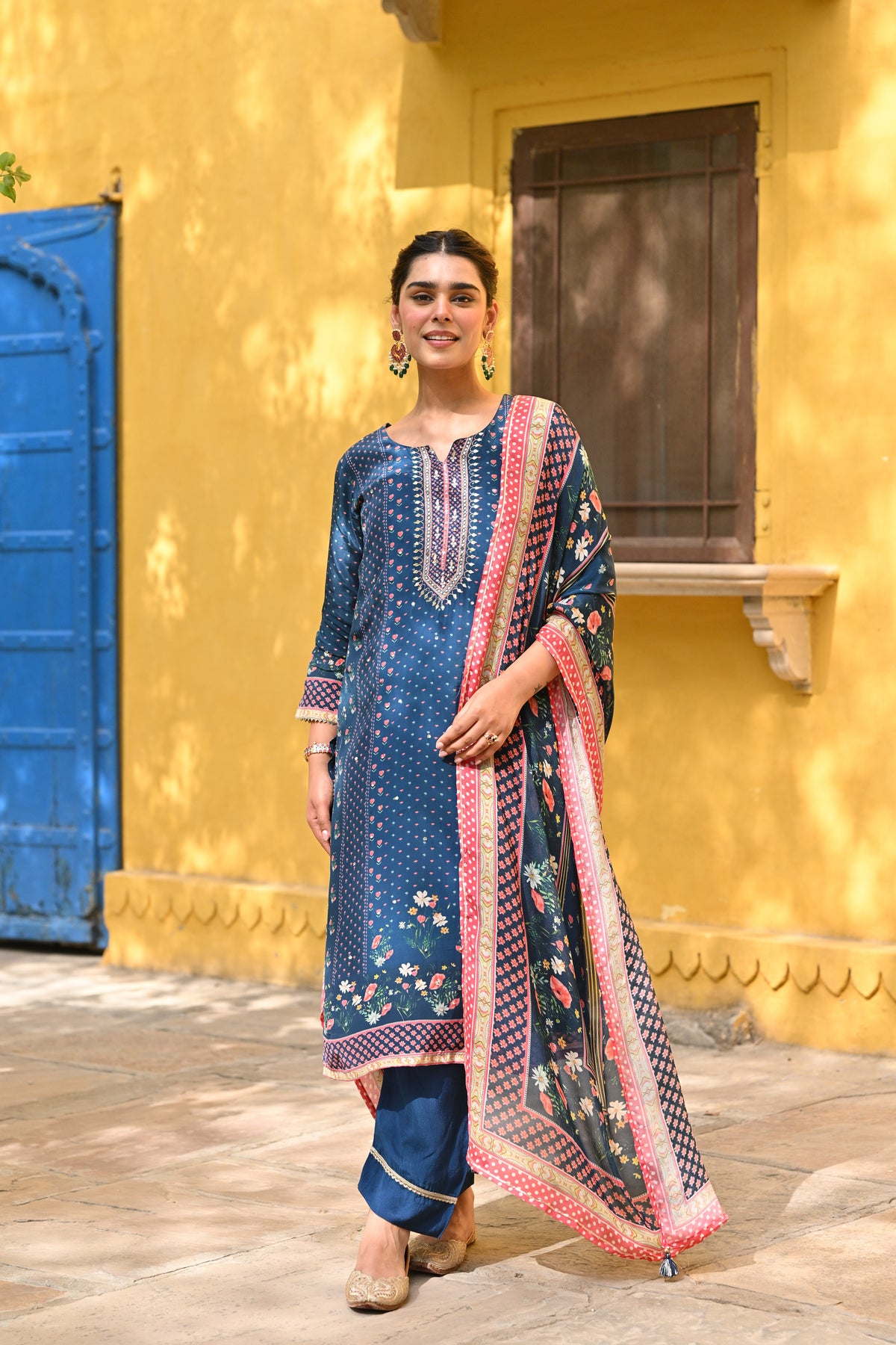 Blue and Pink Small Buti with Panel Spread Gota Work Crepe Suit Set