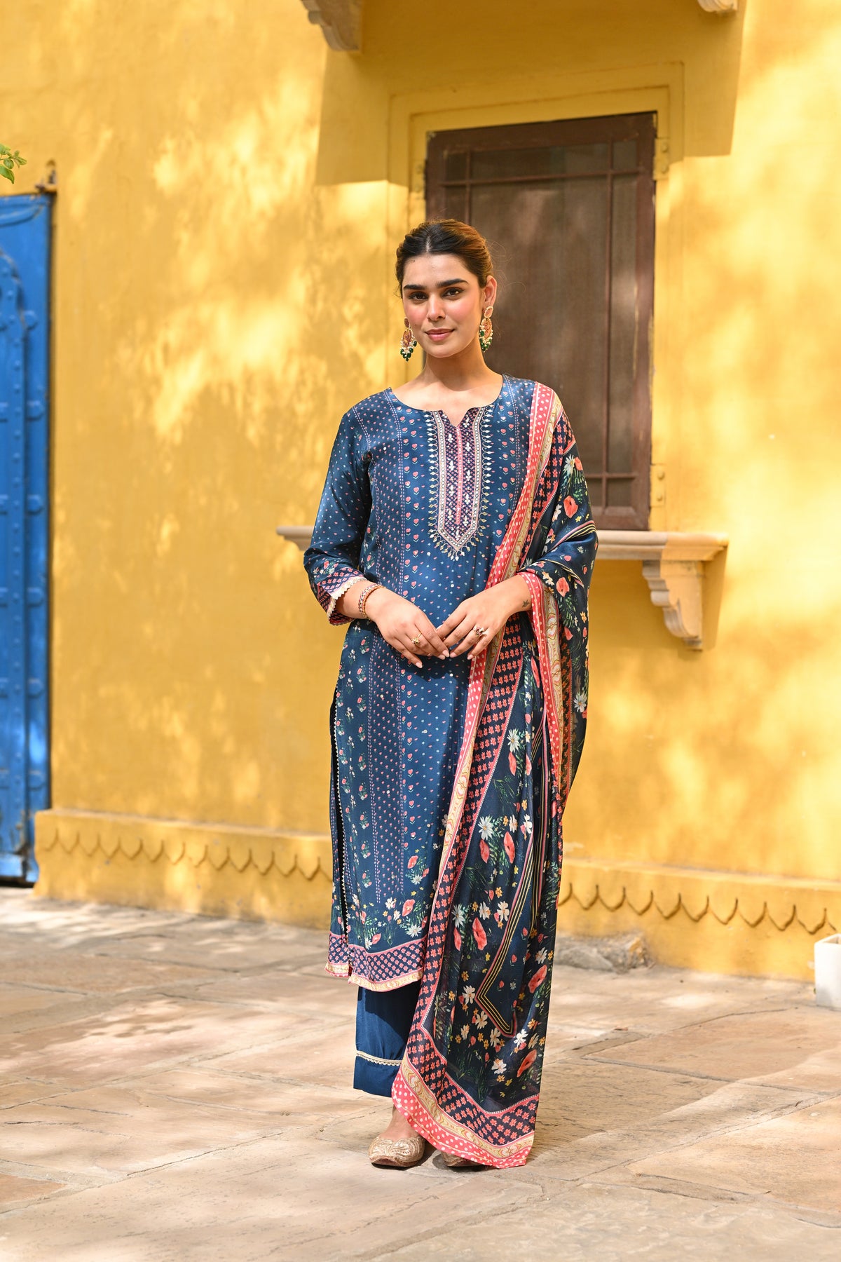 Blue and Pink Small Buti with Panel Spread Gota Work Crepe Suit Set