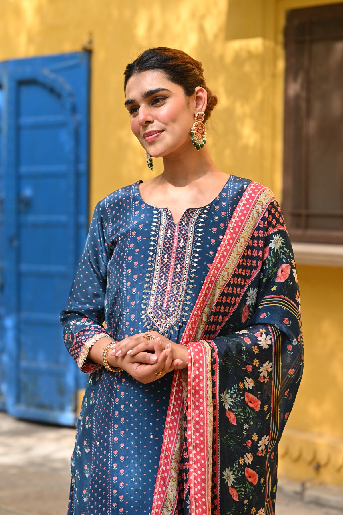 Blue and Pink Small Buti with Panel Spread Gota Work Crepe Suit Set
