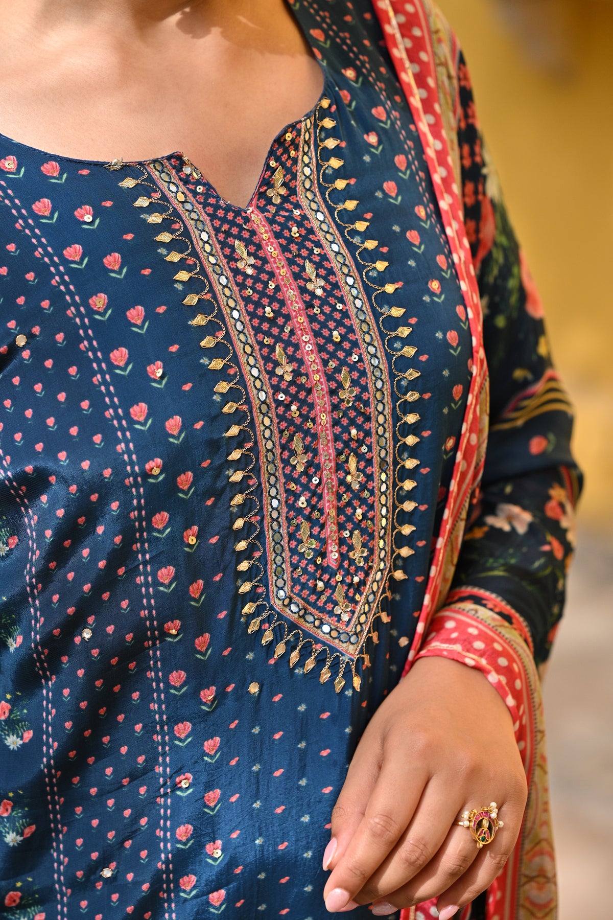 Blue and Pink Small Buti with Panel Spread Gota Work Crepe Suit Set