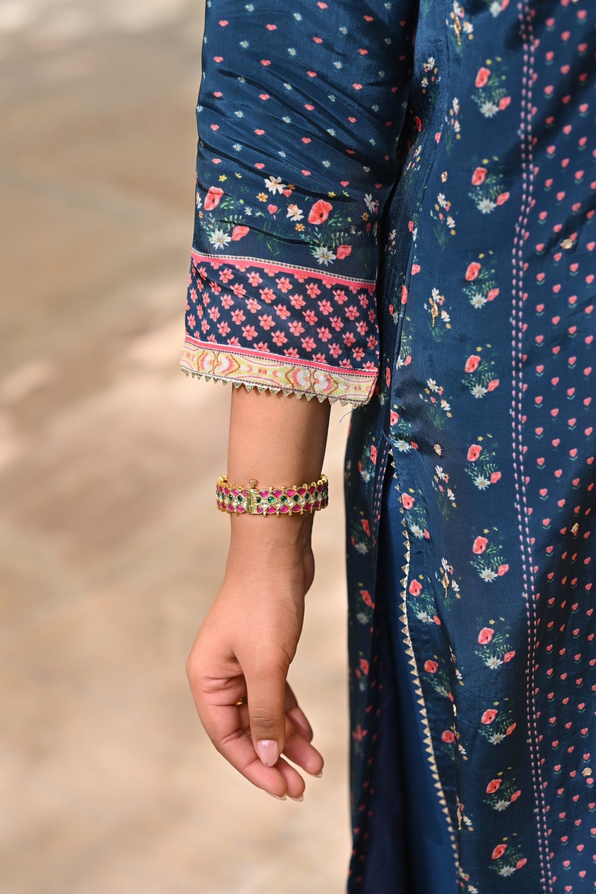 Blue and Pink Small Buti with Panel Spread Gota Work Crepe Suit Set