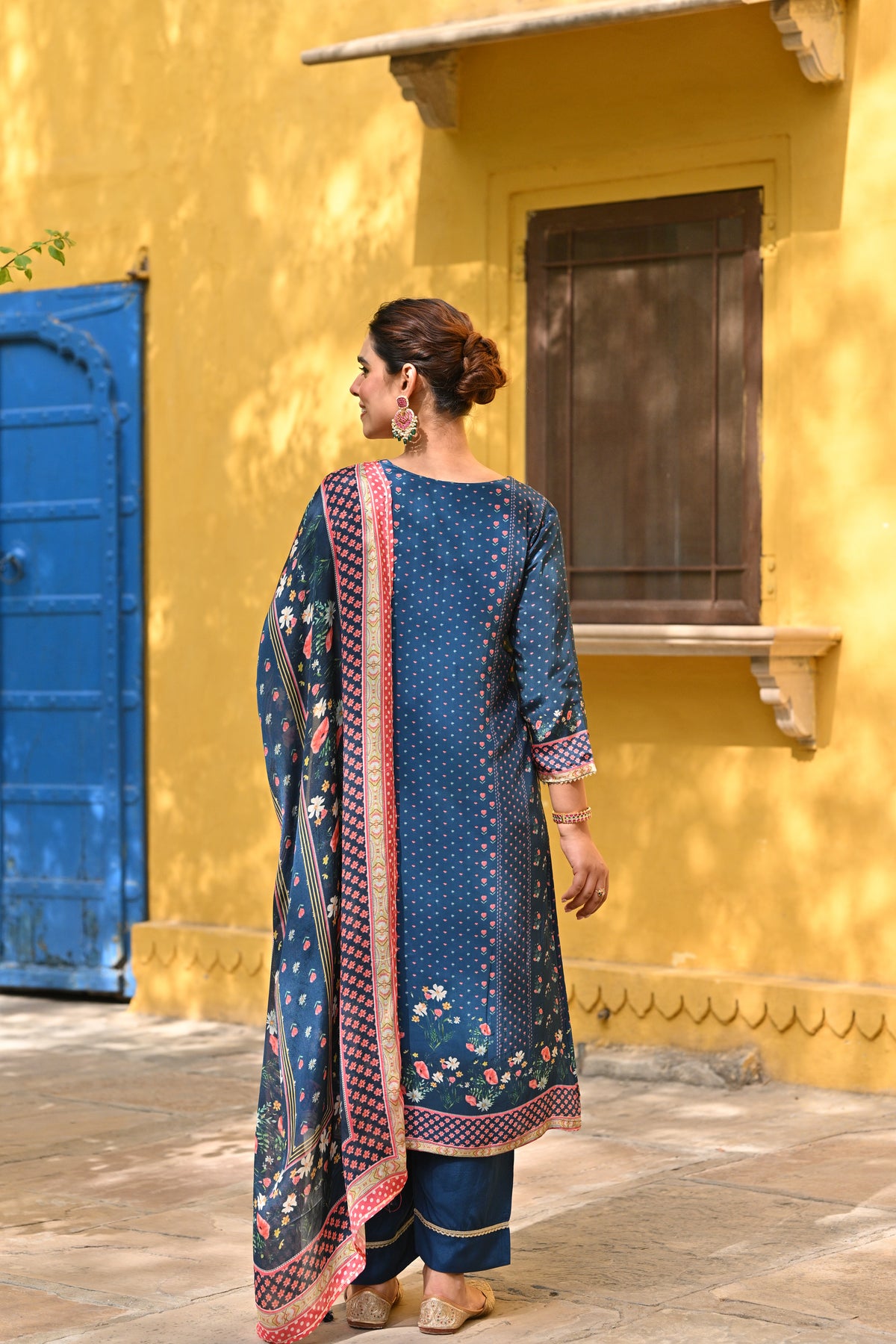 Blue and Pink Small Buti with Panel Spread Gota Work Crepe Suit Set