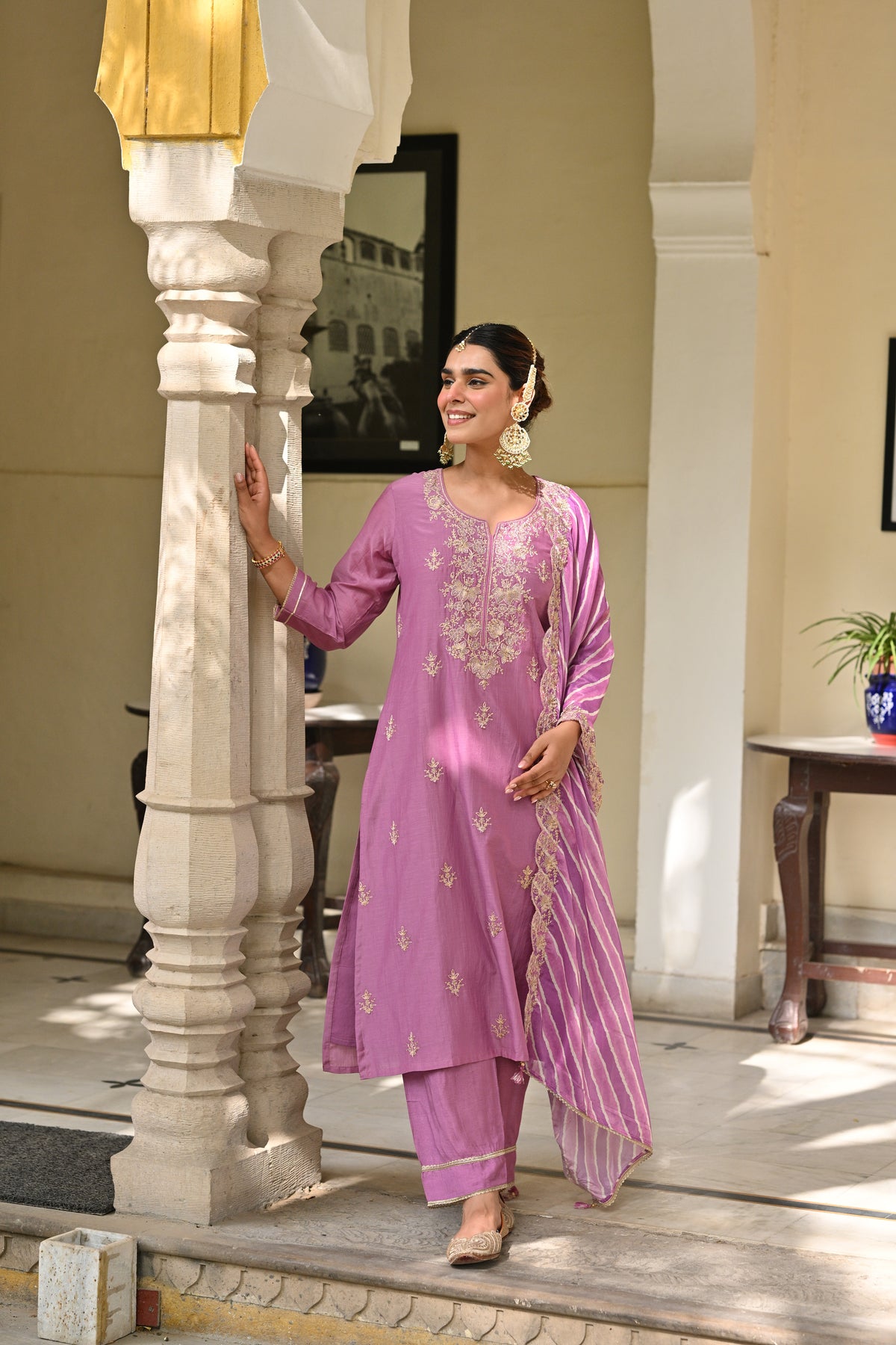 Purple Marodi Work with Lehariya Scallope Dupatta Mul Chanderi Suit Set