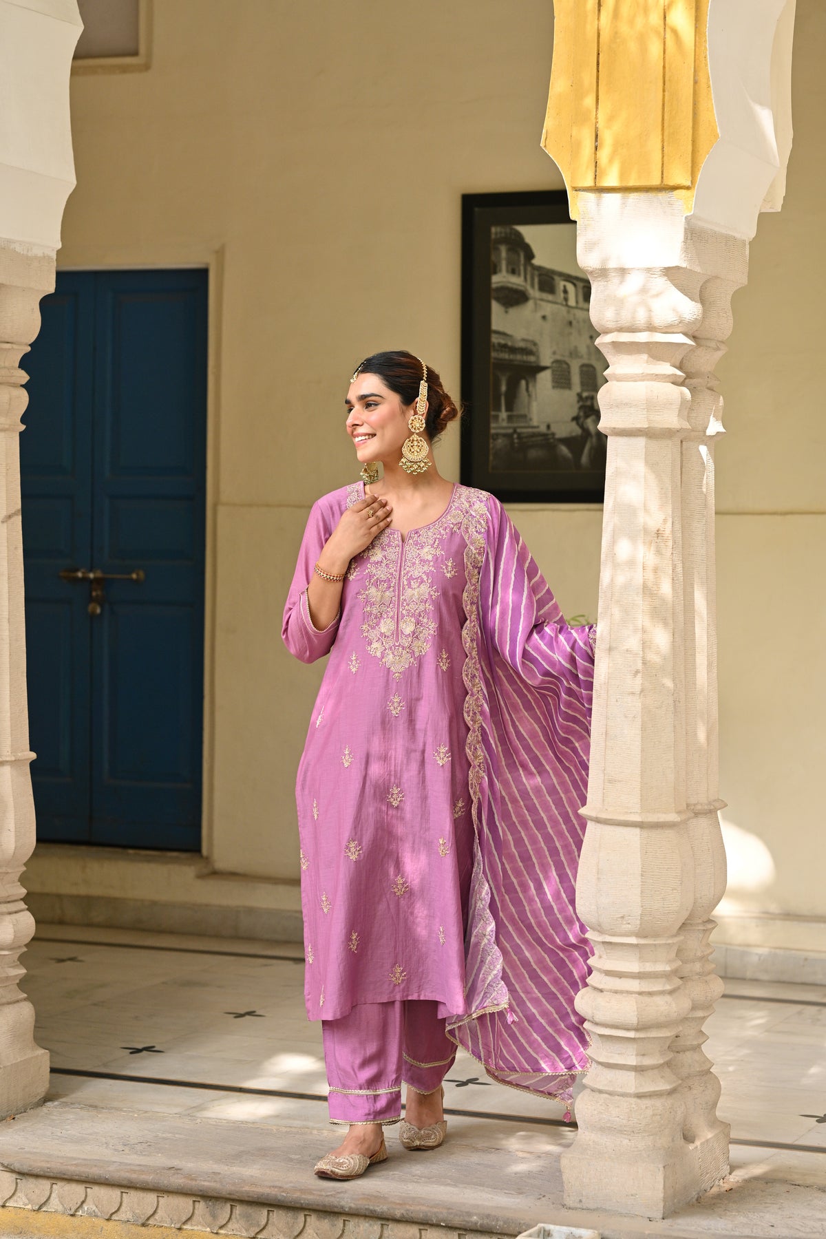 Purple Marodi Work with Lehariya Scallope Dupatta Mul Chanderi Suit Set