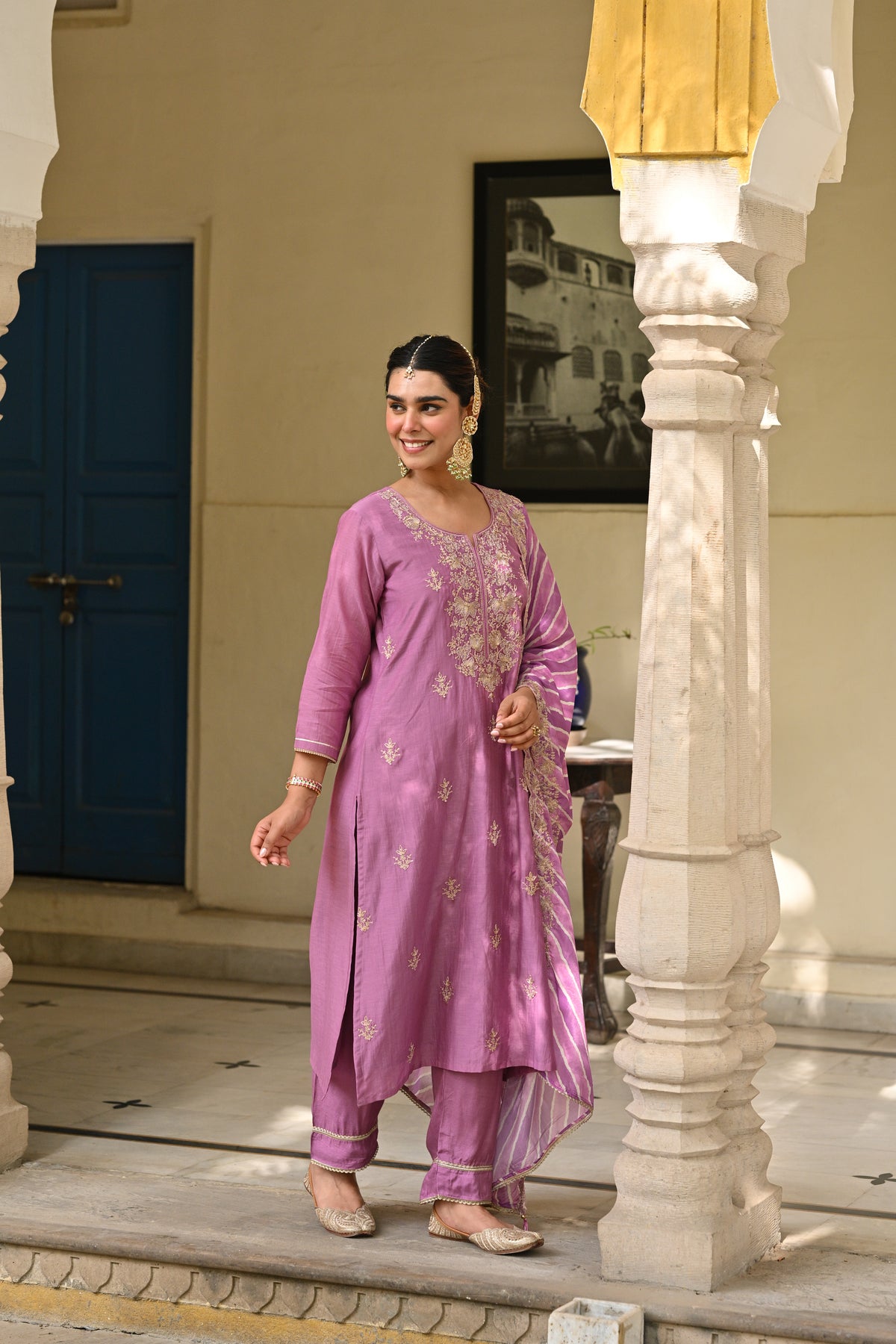 Purple Marodi Work with Lehariya Scallope Dupatta Mul Chanderi Suit Set