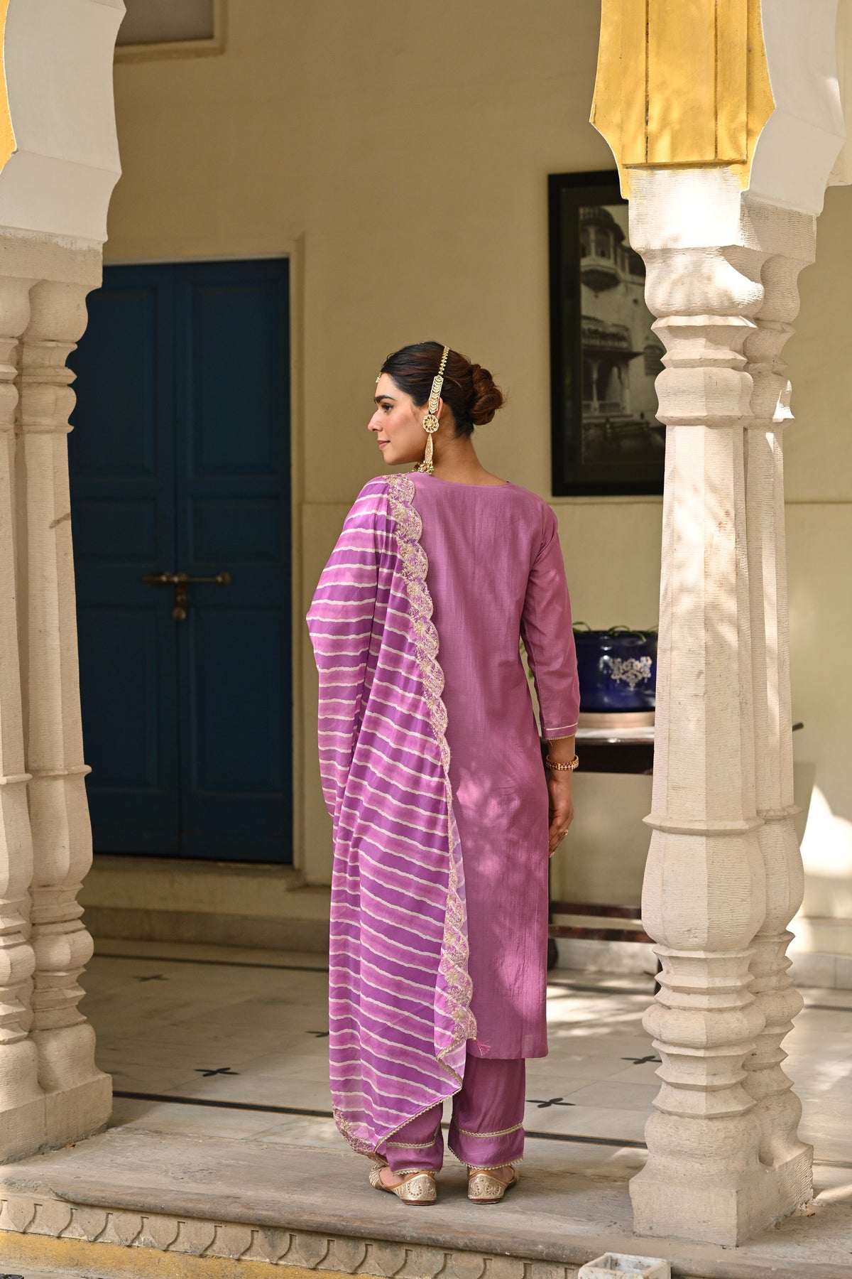 Purple Marodi Work with Lehariya Scallope Dupatta Mul Chanderi Suit Set