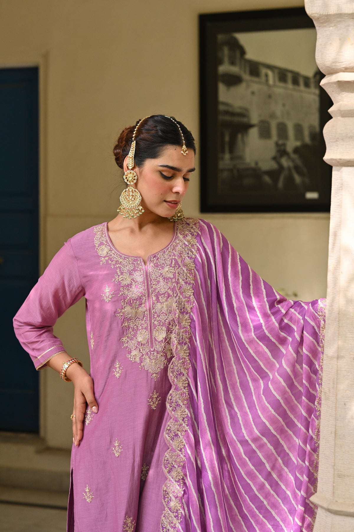 Purple Marodi Work with Lehariya Scallope Dupatta Mul Chanderi Suit Set