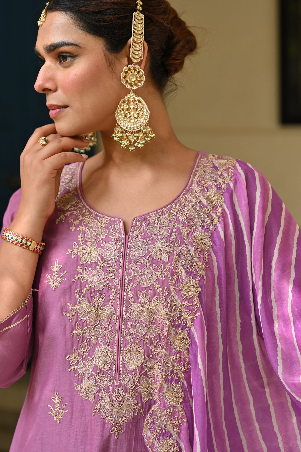 Purple Marodi Work with Lehariya Scallope Dupatta Mul Chanderi Suit Set