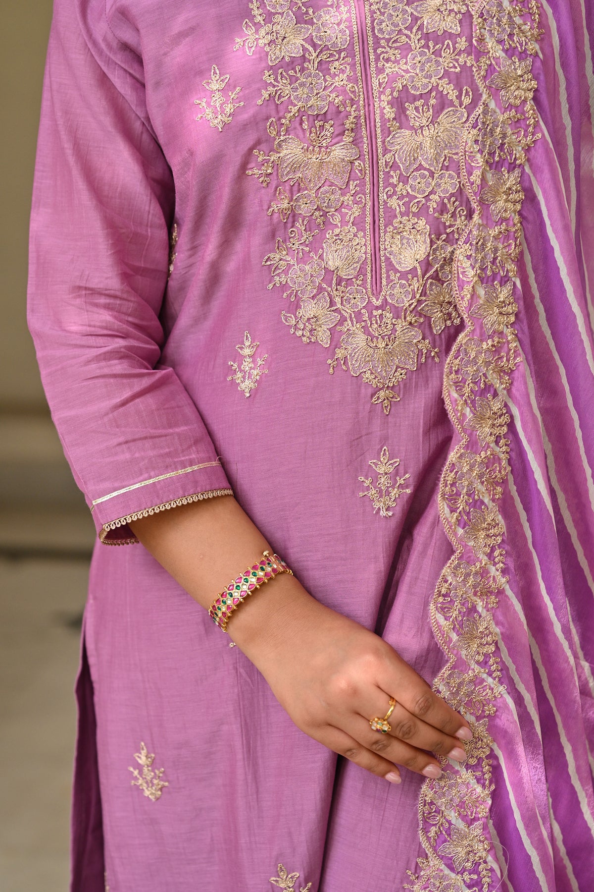 Purple Marodi Work with Lehariya Scallope Dupatta Mul Chanderi Suit Set