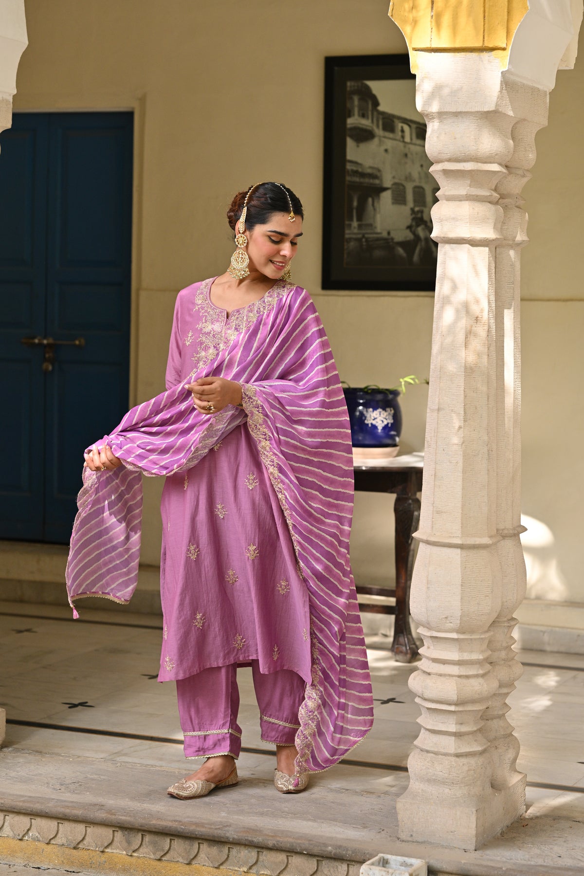 Purple Marodi Work with Lehariya Scallope Dupatta Mul Chanderi Suit Set