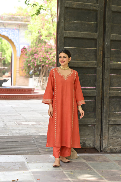 Hema Malini in Rustic Orange Gota Work Mul chanderi Block Printed Dupatta Suit Set