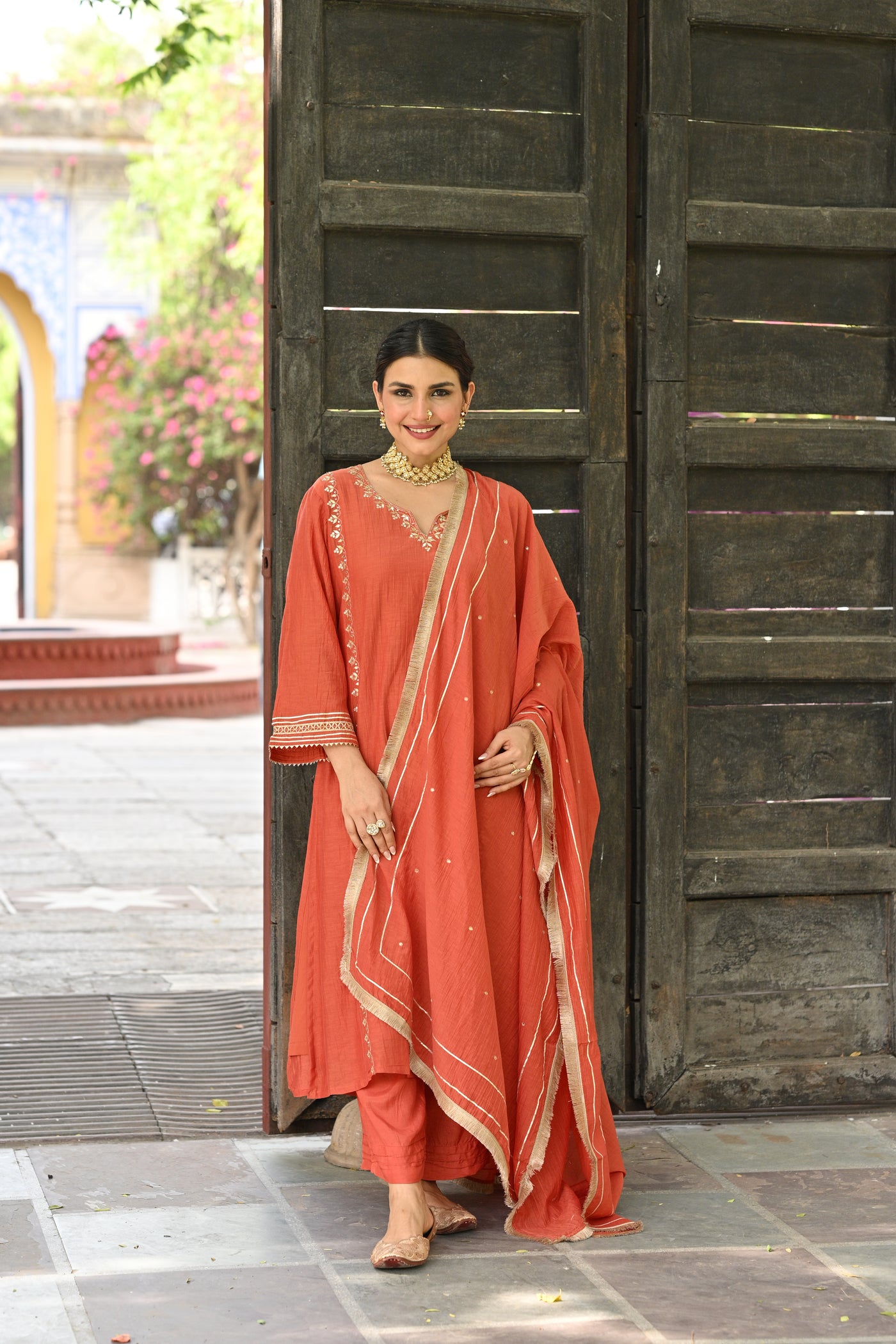 Rustic Orange Gota Work Mul chanderi Block Plain Dupatta Suit Set