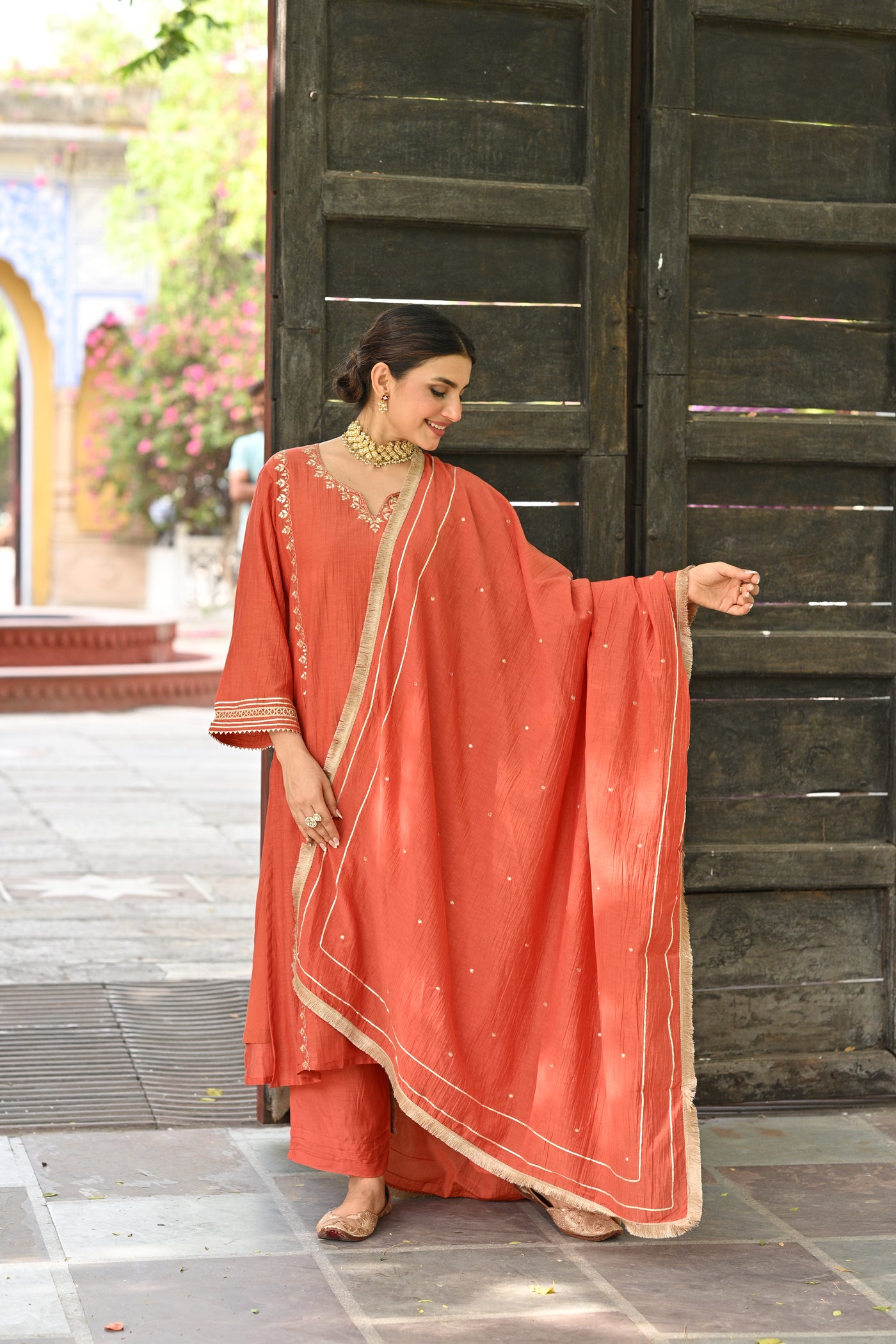 Rustic Orange Gota Work Mul chanderi Block Plain Dupatta Suit Set