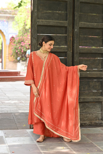 Rustic Orange Gota Work Mul chanderi Block Plain Dupatta Suit Set
