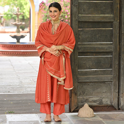 Rustic Orange Gota Work Mul chanderi Block Plain Dupatta Suit Set