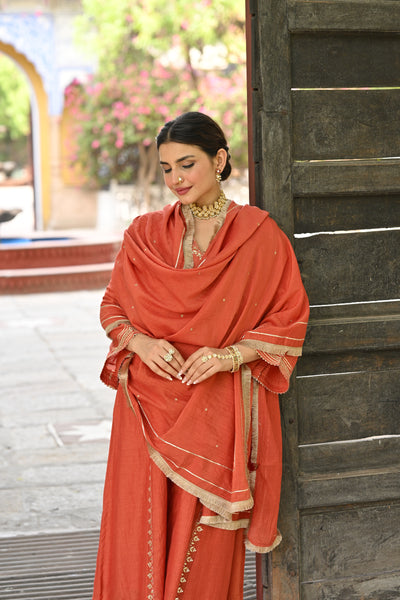 Rustic Orange Gota Work Mul chanderi Block Plain Dupatta Suit Set