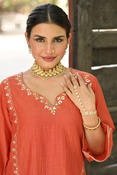 Hema Malini in Rustic Orange Gota Work Mul chanderi Block Printed Dupatta Suit Set