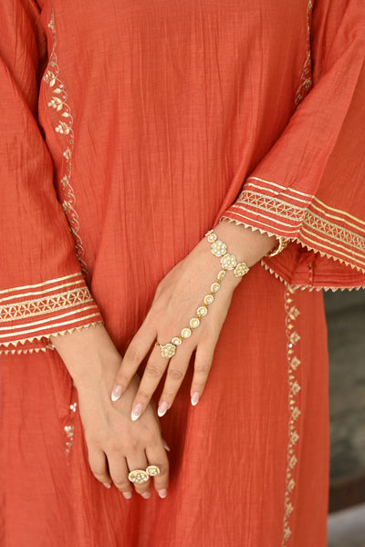 Hema Malini in Rustic Orange Gota Work Mul chanderi Block Printed Dupatta Suit Set