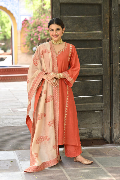 Hema Malini in Rustic Orange Gota Work Mul chanderi Block Printed Dupatta Suit Set