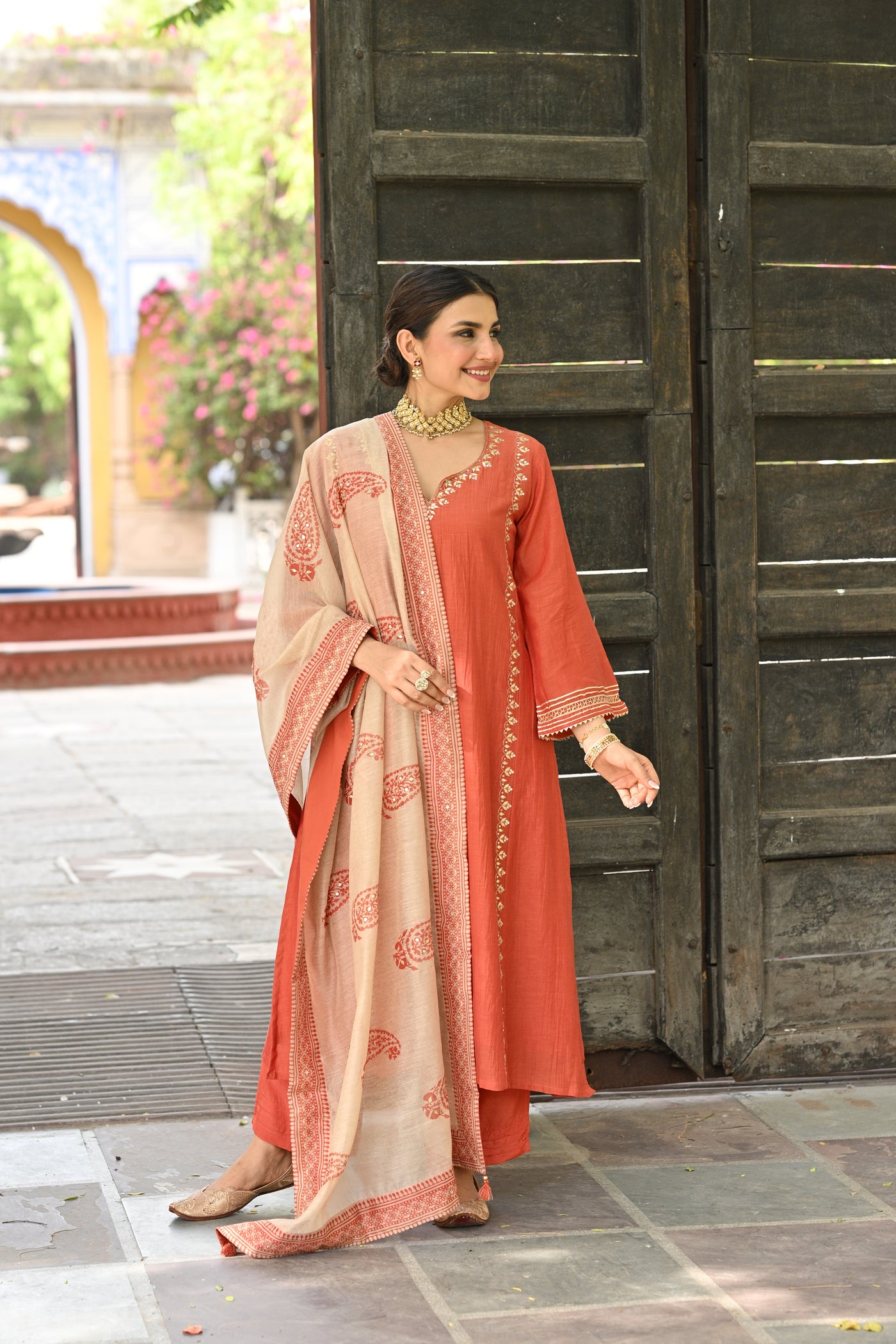 Hema Malini in Rustic Orange Gota Work Mul chanderi Block Printed Dupatta Suit Set