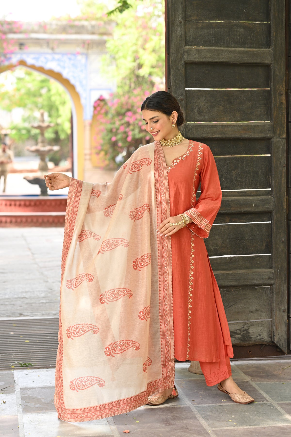 Hema Malini in Rustic Orange Gota Work Mul chanderi Block Printed Dupatta Suit Set