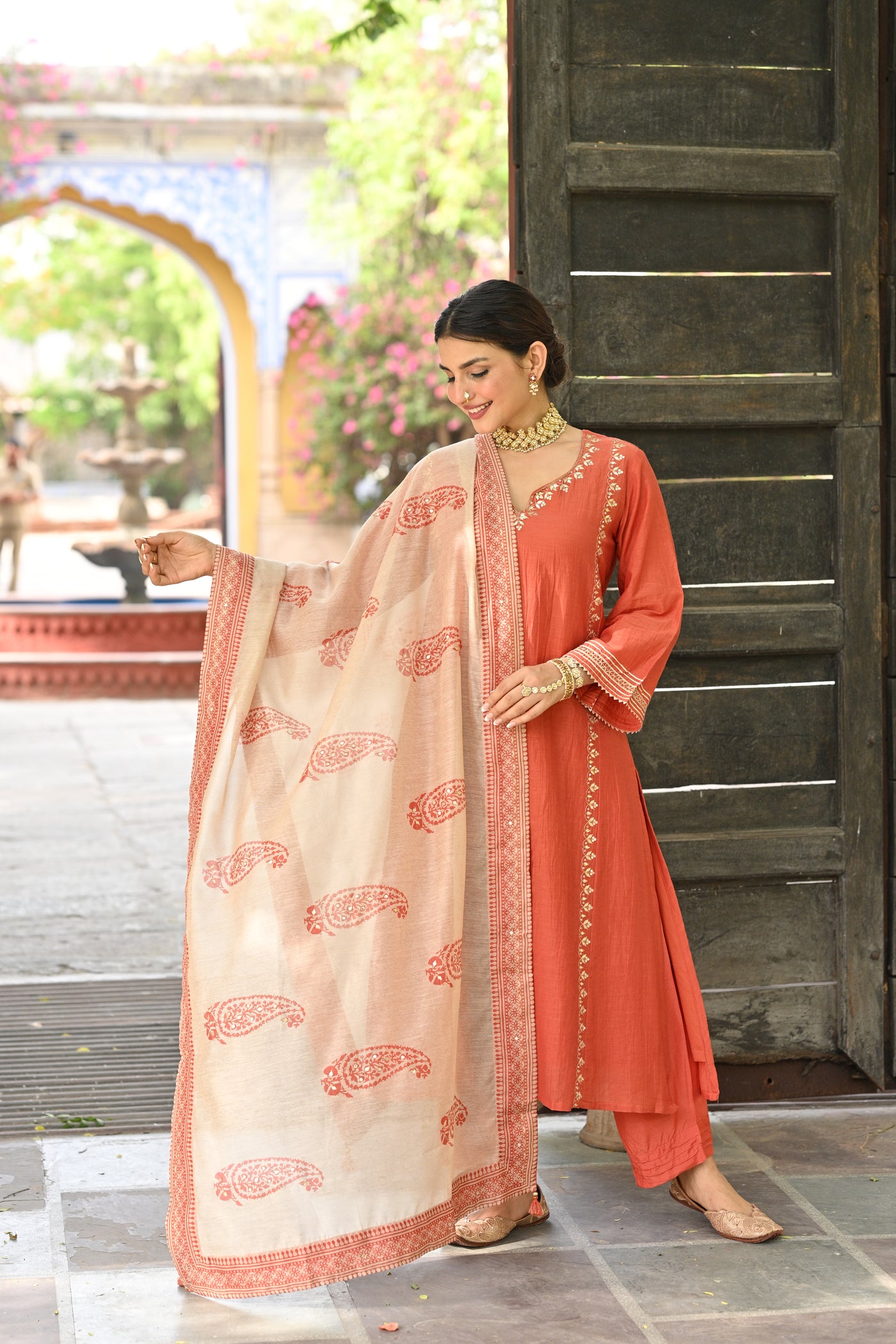 Hema Malini in Rustic Orange Gota Work Mul chanderi Block Printed Dupatta Suit Set