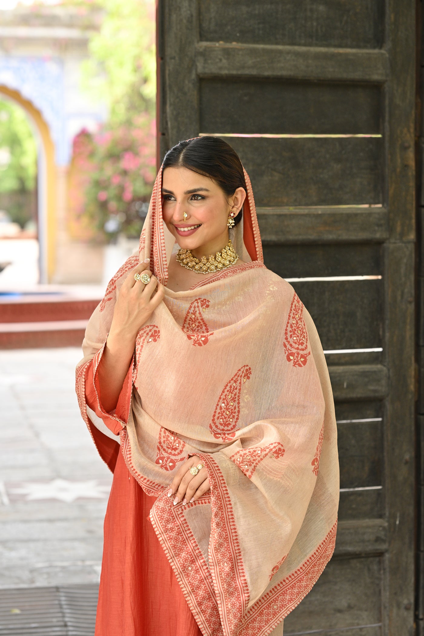 Hema Malini in Rustic Orange Gota Work Mul chanderi Block Printed Dupatta Suit Set