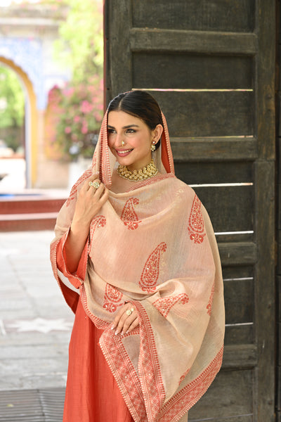 Hema Malini in Rustic Orange Gota Work Mul chanderi Block Printed Dupatta Suit Set
