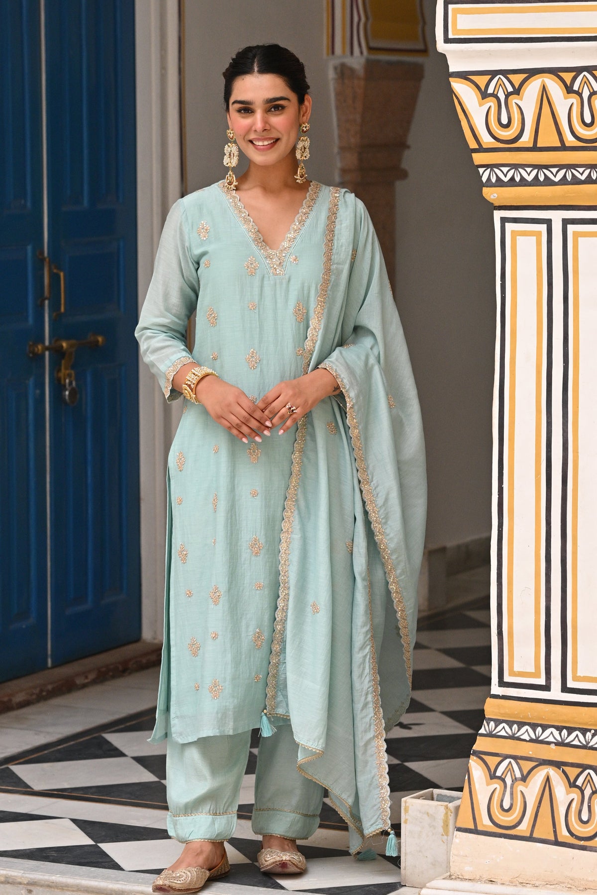 Powder Blue Pure Mul Chanderi Suit Set with Scallope Dupatta