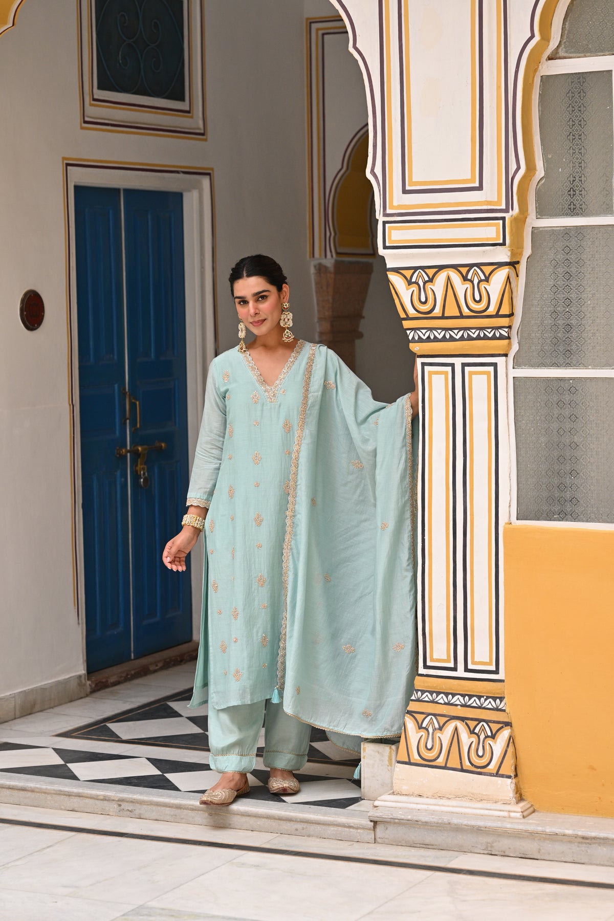 Powder Blue Pure Mul Chanderi Suit Set with Scallope Dupatta