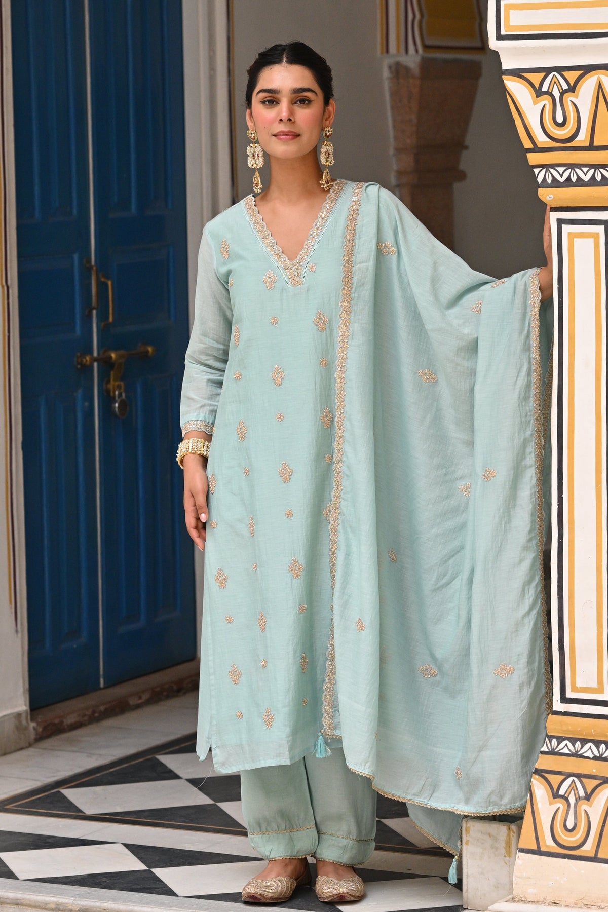Powder Blue Pure Mul Chanderi Suit Set with Scallope Dupatta