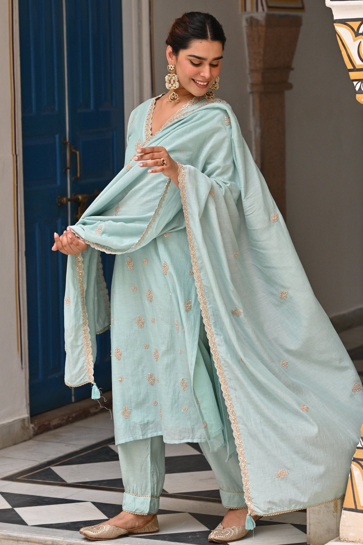 Powder Blue Pure Mul Chanderi Suit Set with Scallope Dupatta