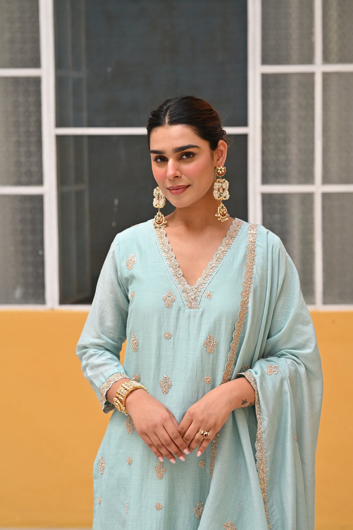 Powder Blue Pure Mul Chanderi Suit Set with Scallope Dupatta