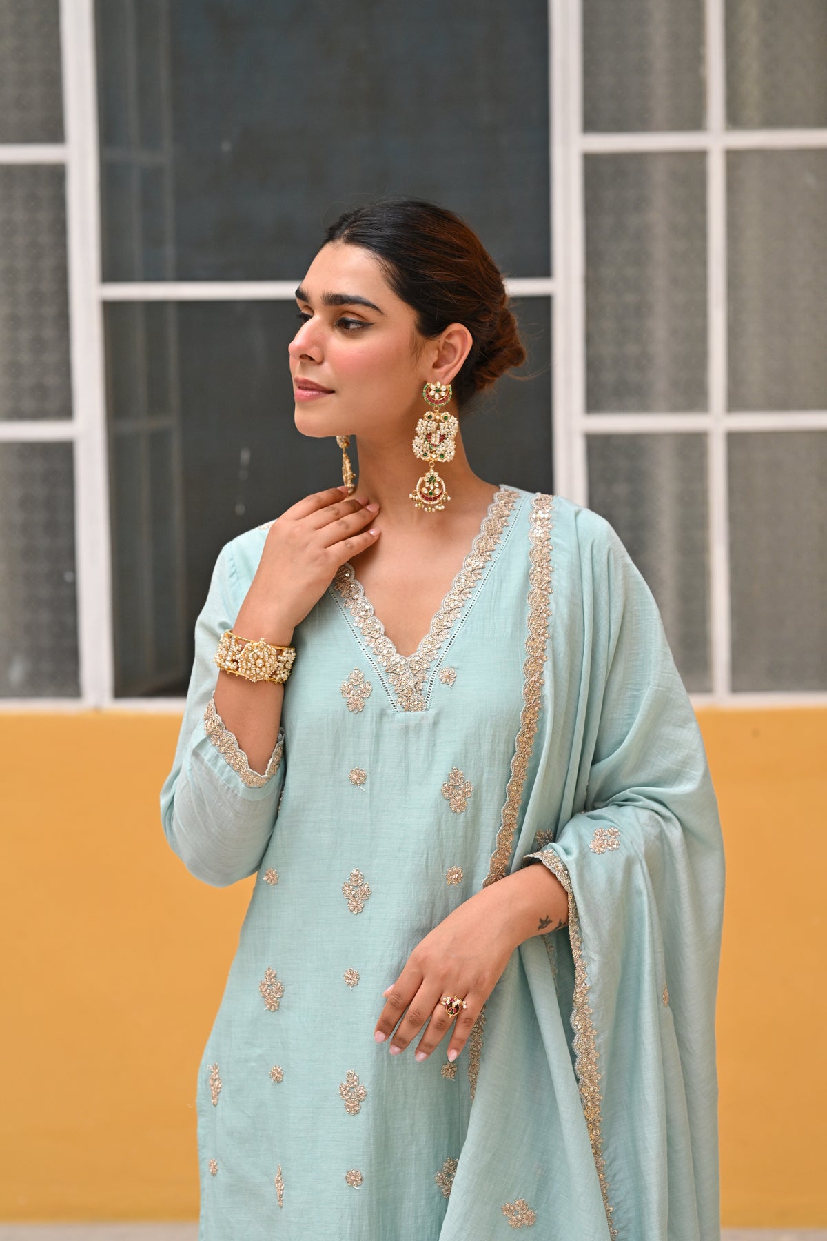 Powder Blue Pure Mul Chanderi Suit Set with Scallope Dupatta