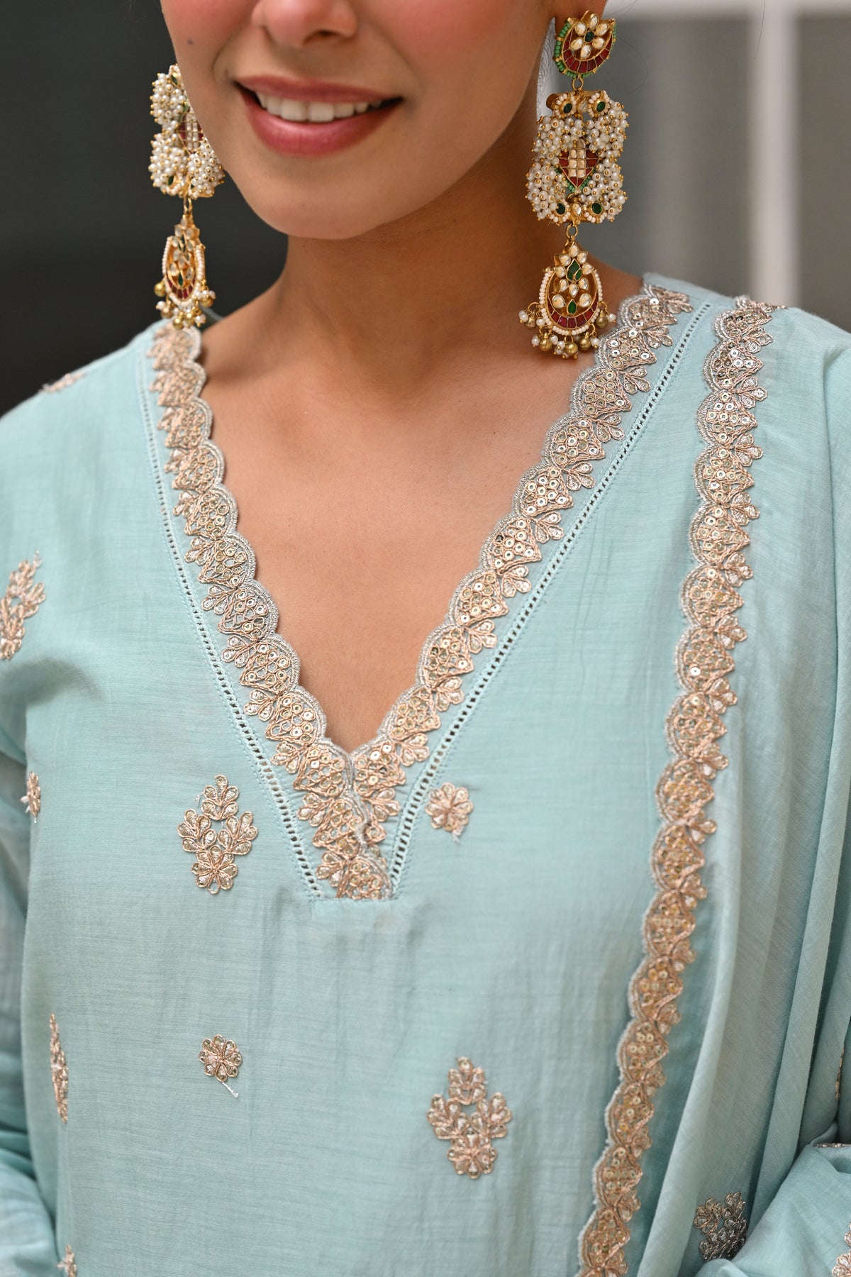 Powder Blue Pure Mul Chanderi Suit Set with Scallope Dupatta