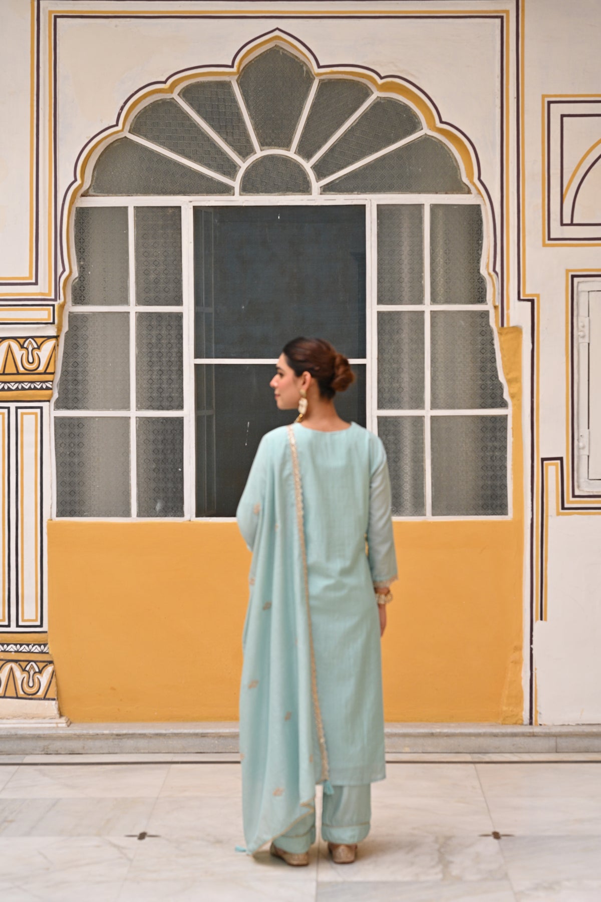 Powder Blue Pure Mul Chanderi Suit Set with Scallope Dupatta