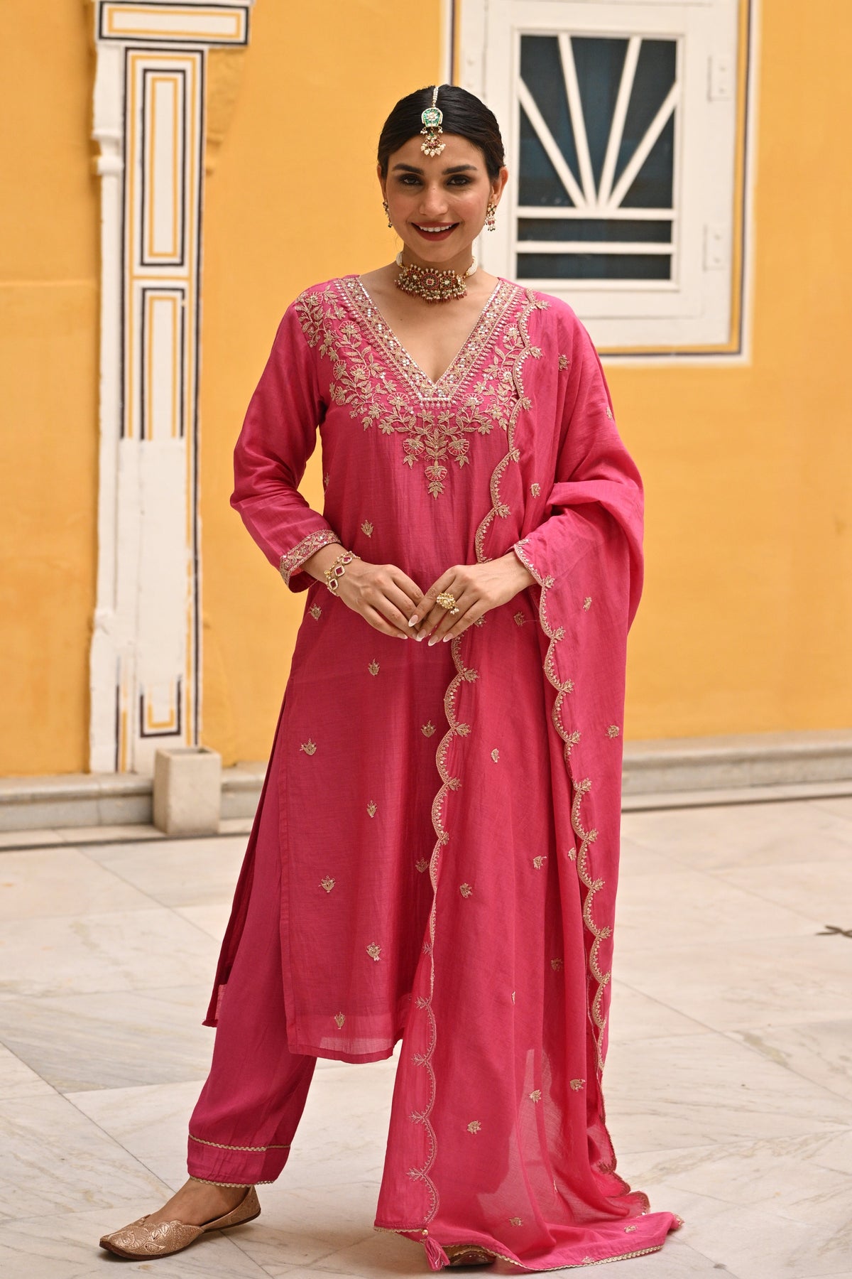 Pink Pure Mul Chanderi Suit Set with Scallope Dupatta