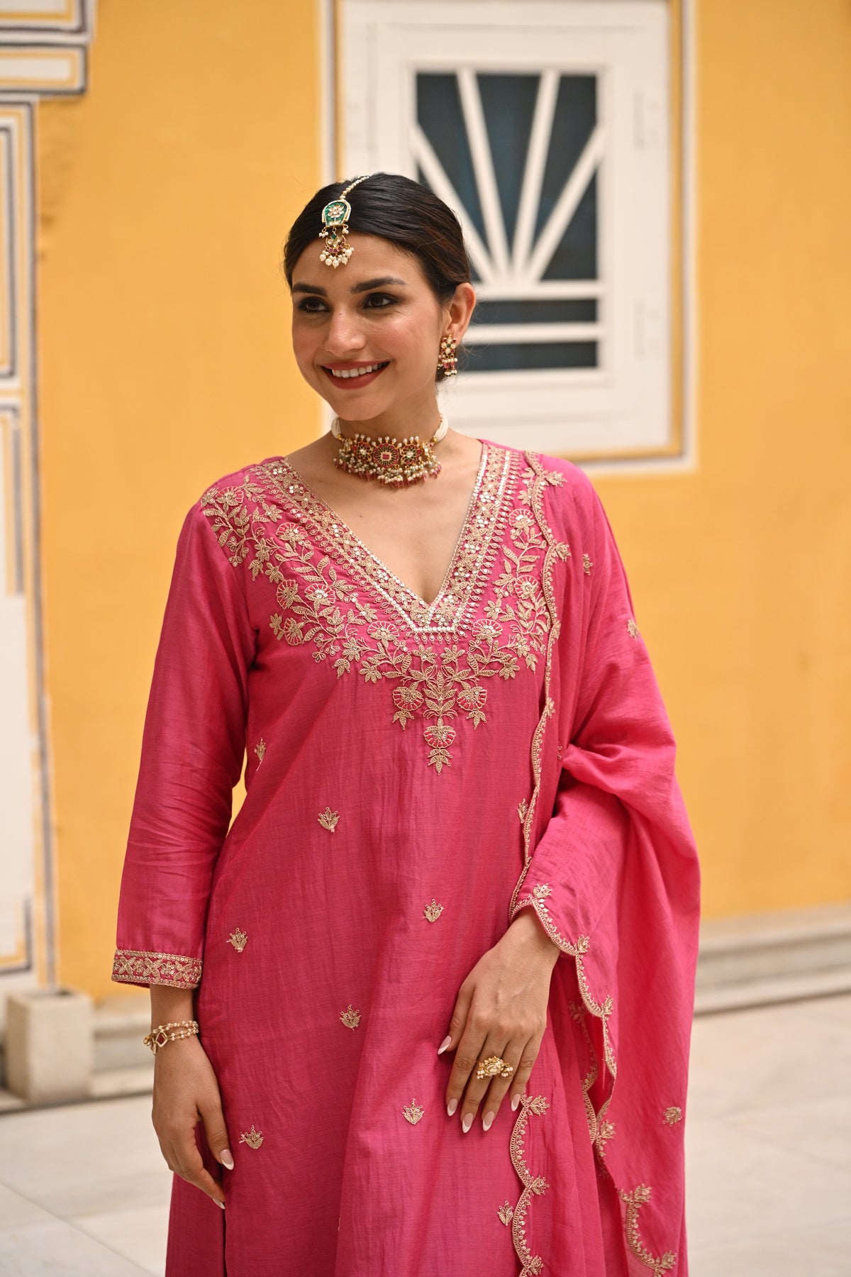 Pink Pure Mul Chanderi Suit Set with Scallope Dupatta